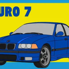 Un coche azul estilo retro con el texto "EURO 7" sobre un fondo amarillo y azul.