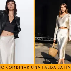Dos looks para combinar falda satinada: uno con blazer negro y top, otro con top lencero y bolso de mimbre.