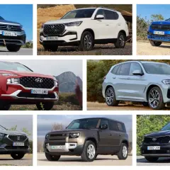Varios SUVs modernos, incluyendo un VW Tiguan, Hyundai Santa Fe y BMW X3, ideales para quienes buscan los suv mas fiables.