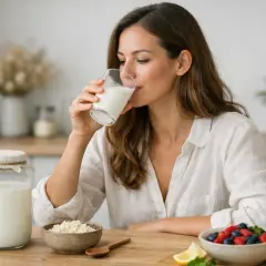 Mujer bebe kéfir, un probiótico saludable. En la mesa, un frasco de kéfir, granos y un tazón de bayas.