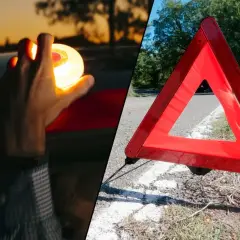 Mano sostiene luz de emergencia, junto a un triangulo virtual v27 en la carretera.