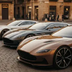 Tres Aston Martin modelos, uno marrón, uno gris y uno blanco, alineados en una calle adoquinada.