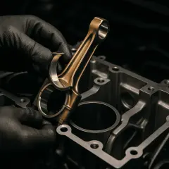 Manos enguantadas ensamblan la biela de un motor K9K 1.5 dCi dentro del bloque de cilindros.
