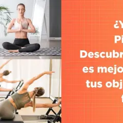 Mujer meditando en postura de loto y personas haciendo Pilates en máquinas. Descubre la diferencia entre yoga y Pilates para tus objetivos.
