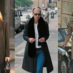 Tres looks urbanos con abrigos largos y gafas de sol, capturando el estilo Carolyn Bessette.