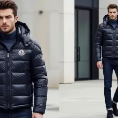 Hombre con chaqueta Moncler, marca de origen francés, con su logo distintivo.