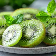 Rodajas de kiwi fresco y menta en un plato, como un postre perfecto para el kiwi por la noche.