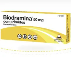 Caja de Biodramina 50 mg comprimidos. Averigua cuanto dura el efecto de la biodramina para tus viajes.