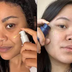 Dos mujeres aplican suero en el rostro. Una usa un envase blanco, la otra uno azul. ¿Cuál tendrá el mejor retinol cerave porcentaje?