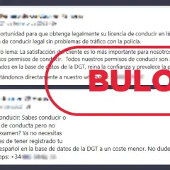 Publicación advierte sobre la venta de carnet de conducir falso, indicando que es un bulo y que los permisos son auténticos y registrados en la DGT.