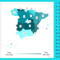 Mapa de España con tasas de aprobados a la primera del examen práctico de conducir. Castilla-La Mancha lidera, ofreciendo ayuda para sacar el carnet.