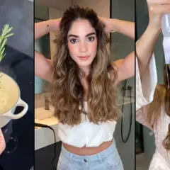 Preparación de agua de romero para el pelo: infusionando ramitas en agua hirviendo, una mujer muestra su cabello y aplica el líquido con un aplicador.