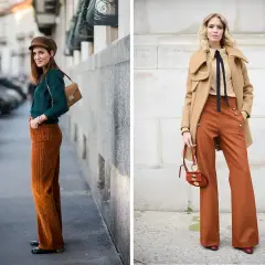 Dos mujeres lucen pantalones acampanados color terracota, un estilo clave de moda primavera verano.