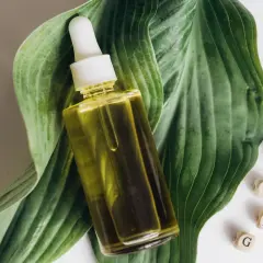 Aceite de orégano en frasco con gotero, sobre hoja verde. Cubos con letras forman "MORNING". Descubre como tomar el aceite de orégano para adelgazar.