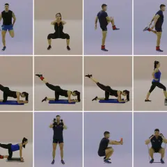 Tabla de ejercicios glúteos y piernas: hombres y mujeres realizan sentadillas, zancadas, elevaciones de pierna y más, con pesas y bandas.