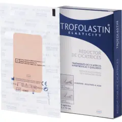 Trofolastin Elasticity, reductor de cicatrices. El paquete contiene 5 apósitos de 5x7,5 cm, con rosa mosqueta.