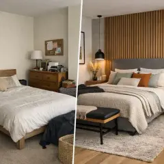 Un dormitorio antes y después de un cambio de look. La cama se ha transformado con un cabecero de madera y textiles acogedores.