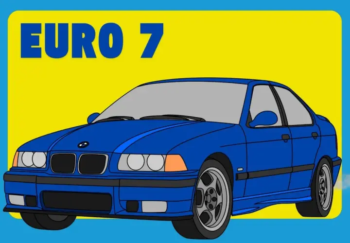 Un coche azul estilo retro con el texto "EURO 7" sobre un fondo amarillo y azul.