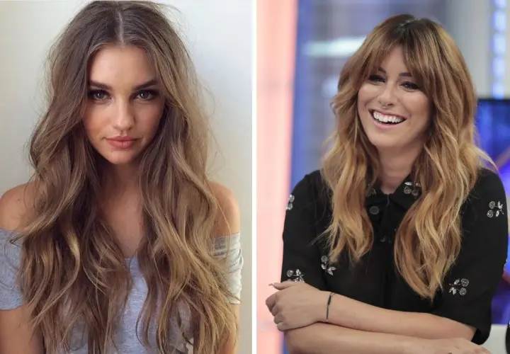 Dos mujeres con cortes de pelo ondulado y largo. La de la izquierda luce un estilo más natural, la de la derecha con flequillo y sonrisa.