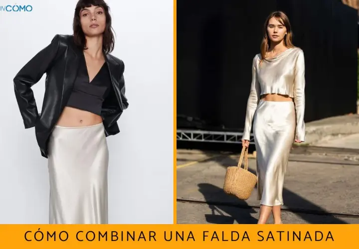 Dos looks para combinar falda satinada: uno con blazer negro y top, otro con top lencero y bolso de mimbre.