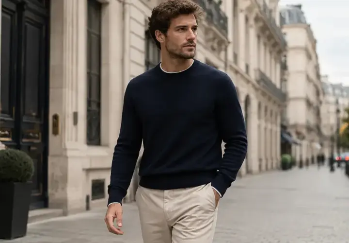 Hombre con jersey azul marino y pantalones beige camina por una calle parisina.