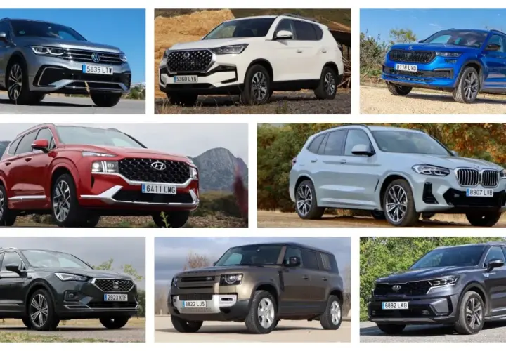 Varios SUVs modernos, incluyendo un VW Tiguan, Hyundai Santa Fe y BMW X3, ideales para quienes buscan los suv mas fiables.