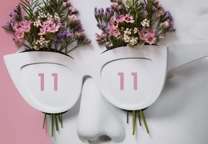 Busto blanco con flores rosas y moradas brotando de unas gafas que muestran **11:11 hora espejo**.