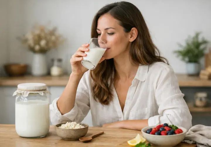 Mujer bebe kéfir, un probiótico saludable. En la mesa, un frasco de kéfir, granos y un tazón de bayas.