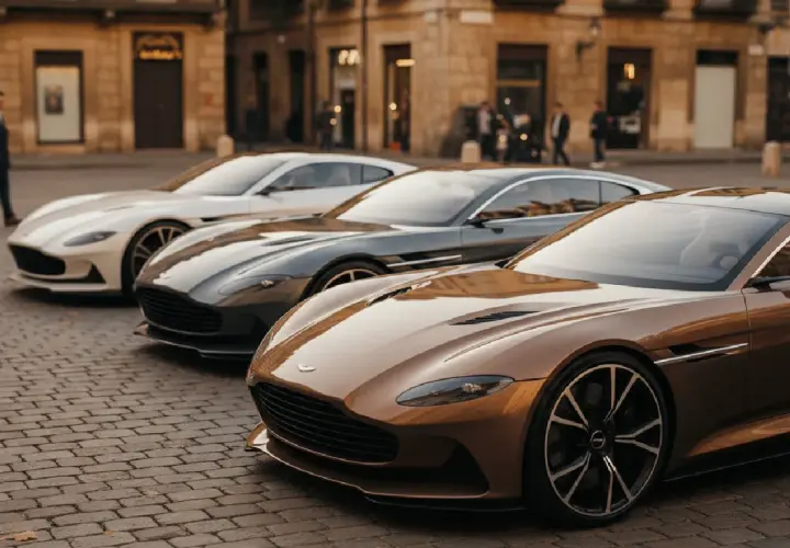 Tres Aston Martin modelos, uno marrón, uno gris y uno blanco, alineados en una calle adoquinada.