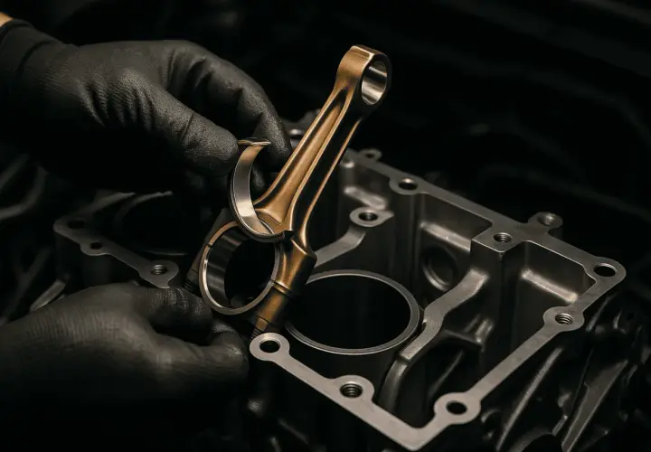 Manos enguantadas ensamblan la biela de un motor K9K 1.5 dCi dentro del bloque de cilindros.