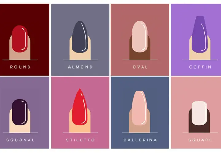 Ocho formas de uñas en tendencia: redonda, almendra, oval, coffin, squoval, stiletto, ballerina y square.