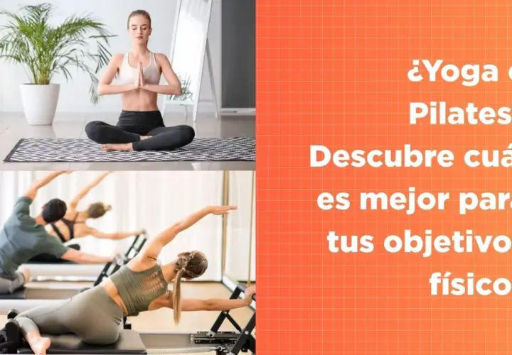 Mujer meditando en postura de loto y personas haciendo Pilates en máquinas. Descubre la diferencia entre yoga y Pilates para tus objetivos.