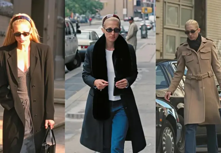 Tres looks urbanos con abrigos largos y gafas de sol, capturando el estilo Carolyn Bessette.