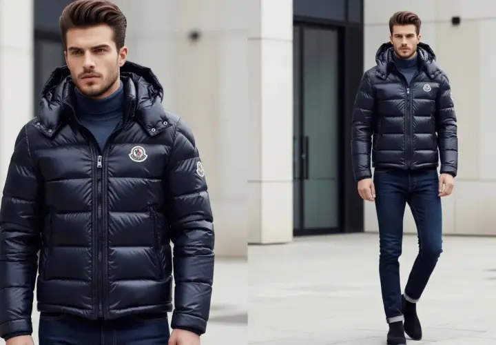 Hombre con chaqueta Moncler, marca de origen francés, con su logo distintivo.