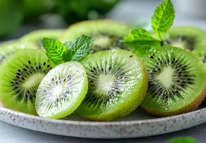 Rodajas de kiwi fresco y menta en un plato, como un postre perfecto para el kiwi por la noche.