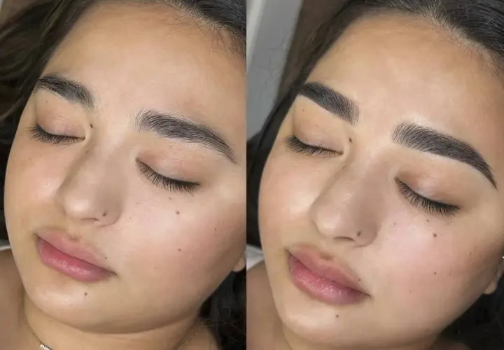 Comparativa antes y después de micropigmentación cejas. Cejas más definidas y oscuras tras el tratamiento.