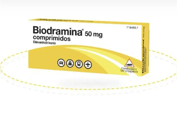 Caja de Biodramina 50 mg comprimidos. Averigua cuanto dura el efecto de la biodramina para tus viajes.