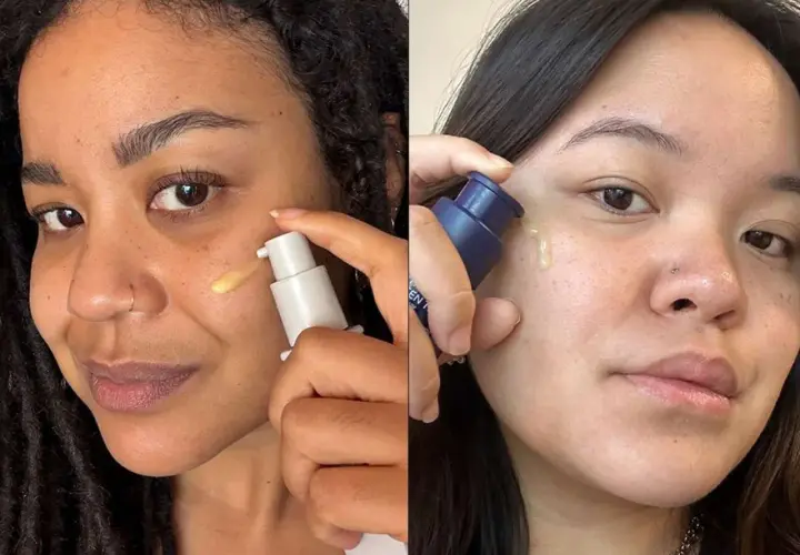 Dos mujeres aplican suero en el rostro. Una usa un envase blanco, la otra uno azul. ¿Cuál tendrá el mejor retinol cerave porcentaje?