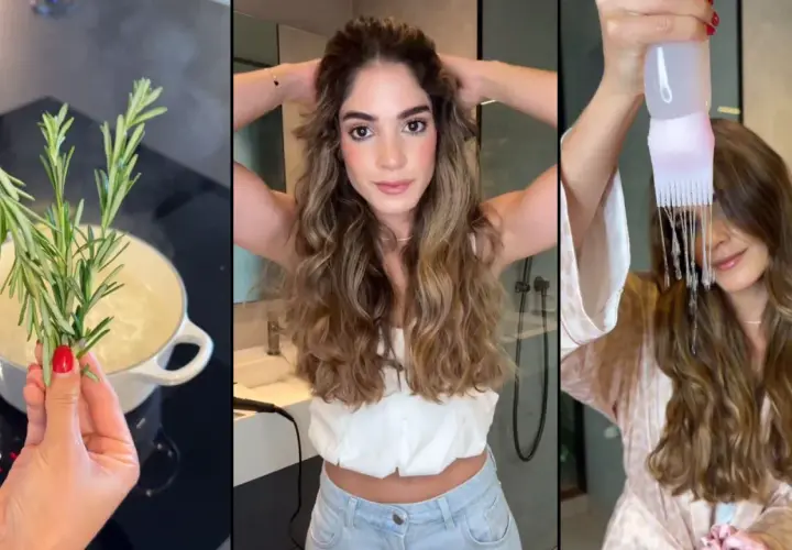 Preparación de agua de romero para el pelo: infusionando ramitas en agua hirviendo, una mujer muestra su cabello y aplica el líquido con un aplicador.