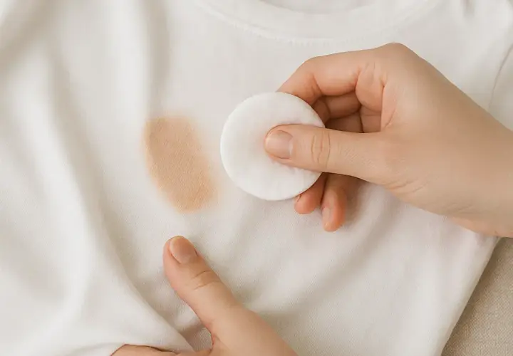 Mano quitando una mancha de maquillaje de una camiseta blanca con un disco de algodón.