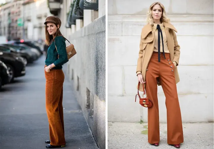 Dos mujeres lucen pantalones acampanados color terracota, un estilo clave de moda primavera verano.