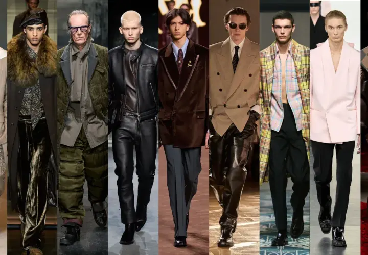 Desfiles de moda otoño invierno 2025: trajes de lino, cuero, terciopelo y estampados audaces.