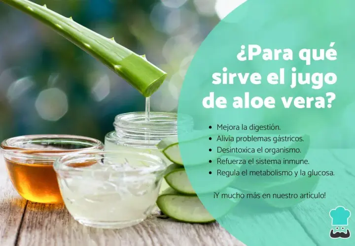 Jugo de aloe vera goteando en un frasco, junto a miel y rodajas de aloe. El texto pregunta "¿Para qué sirve el jugo de aloe vera?".