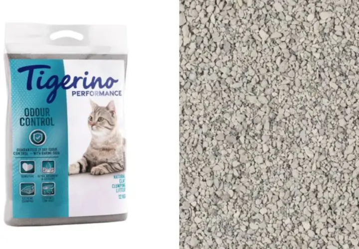 Bolsa de arena aglomerante Tigerino Odour Control, un ejemplo de tipos de arena para gatos, con su textura granular.