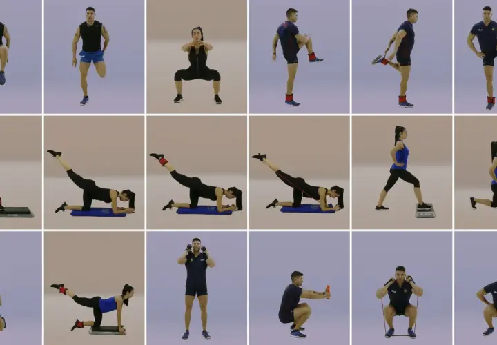 Tabla de ejercicios glúteos y piernas: hombres y mujeres realizan sentadillas, zancadas, elevaciones de pierna y más, con pesas y bandas.