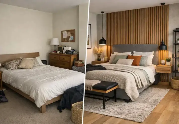 Un dormitorio antes y después de un cambio de look. La cama se ha transformado con un cabecero de madera y textiles acogedores.