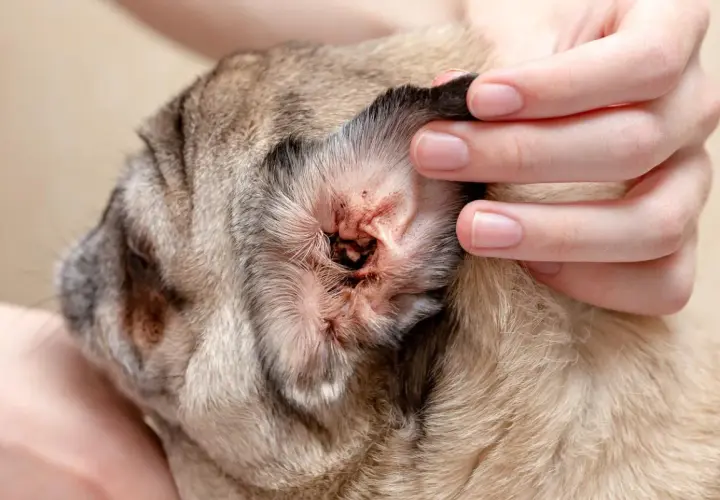 Mano revisa la oreja de un perro pug con signos de sarna, enrojecimiento e irritación.