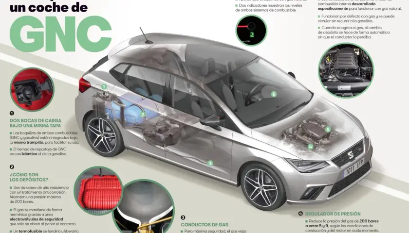 Interior de un coche de GNC: muestra depósitos, motor adaptado, doble boca de carga y regulador de presión. Así es por dentro un coche de GNC.