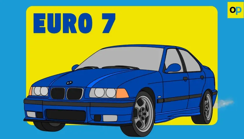 Un coche azul estilo retro con el texto "EURO 7" sobre un fondo amarillo y azul.