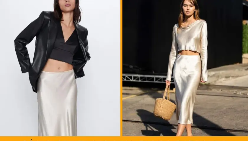 Dos looks para combinar falda satinada: uno con blazer negro y top, otro con top lencero y bolso de mimbre.